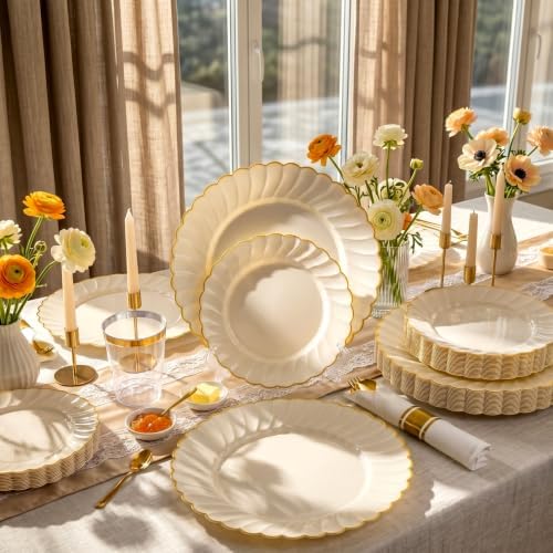 175PCS Ivory Scalloped Plastic Plates Heavy-Duty for Party & Wedding - Image 2