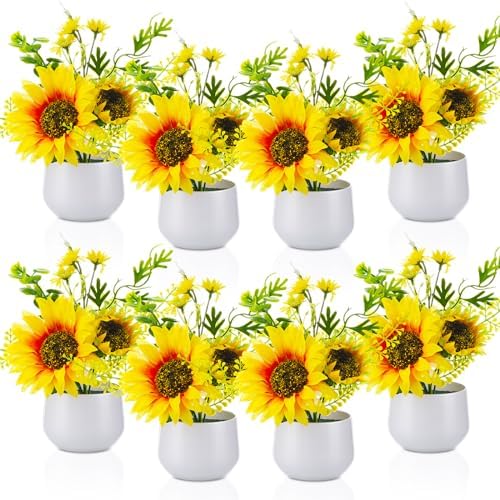 Zeyune Artificial Sunflower Potted Plants Rustic Wedding Table Centerpieces Summer Spring Kitchen Silk Yellow Flower with Plastic Pot for Home Bathroom Office Bridal Shower(8 Pcs,Classic,Sunflower) by Zeyune