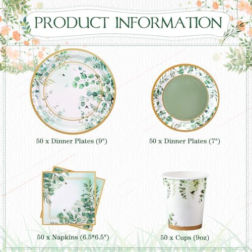 Pickmesh 250 Pcs Sage Green Party Supplies Paper Plates and Napkins Cups Dinnerware Sage Green Disposable Tableware Set for Birthday Bridal Baby Shower Wedding Decoration Serves 50 - Image 2