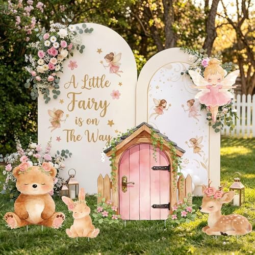 5Pcs Pink Fairy First Birthday Decorations, Large Bunny Bear Deer Fairy House Cardboard Cutout, Woodland Fairy Baby Shower Photo Booth Prop Princess Birthday Party Outdoor Indoor Decor - Image 2