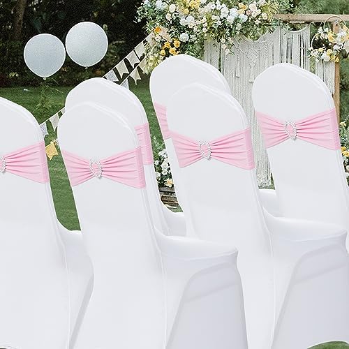 Pack of 120 Spandex Chair Sashes Bows Stretch Chair Cover Band with Buckle Slider Universal Elastic Chair Ties for Wedding Banquet Party Event Decoration (Pink) - Image 7