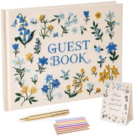 Wedding Guest Book Blue Flowers Embroidered Linen Photo Guestbook by Unknown