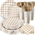 Funnymoom 400 Pcs Gingham Party Supplies for 50 Guests Khaki and White Paper Plates and Napkins Knives Spoons Forks Cups Disposable Checkered Dinner Party Set Cutlery for Baby Shower Wedding Favor by Funnymoom
