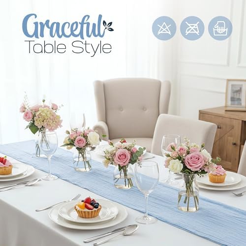 12 Pack Dusty Blue Cheesecloth Table Runners 10FT Long – 35 x 120 Inch Boho Gauze Table Runners for Engagement, Wedding, Baby Shower & Home Decor – Soft Wrinkled Polyester Fabric - Image 4