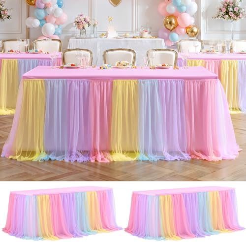 2 Pack Rainbow Tablecloth for 6 Foot Rectangle Tables Tulle Table Skirt by PartyTalk