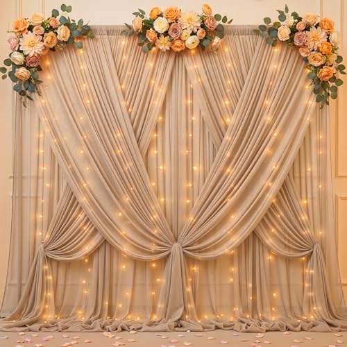 20x10ft Dark Champagne Tulle Backdrop Curtains with Lights String for Parties,Wrinkle Free Sheer Curtain Wedding Photo Backdop Drapes for Baby Shower Birthday Party Photography Home Decorations by PartyTalk