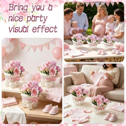 3 Set Rattan Baby Carriage Floral Arrangement with Bouquet for Baby Shower Table Centerpiece Stroller for Gender Reveal Party Decor Favor - Image 6