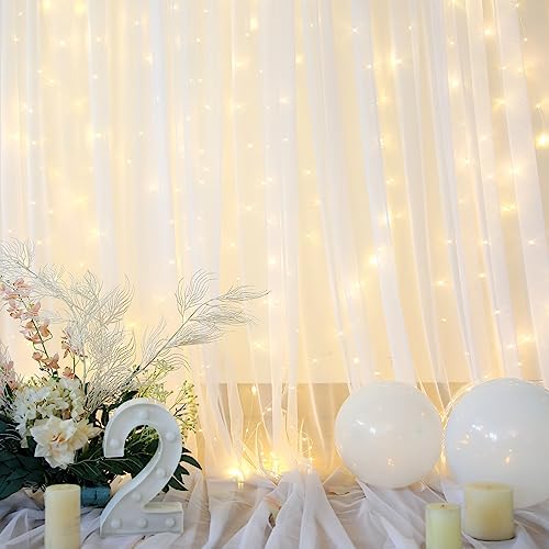 Suppromo White Tulle Backdrop Curtain with Lights String for Parites 20×8ft Sheer Curtains Wedding Baby Shower Birthday Party Photo Shoot Decorations(4 Panels 5ft×8ft) - Image 5