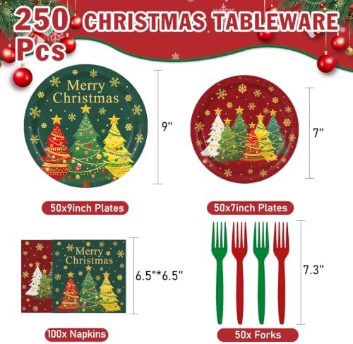 250 Pcs Christmas Plates and Napkins, 50 Guests Party Dinnerware Supplies Disposable Merry Christmas Tree Paper Plates Napkins Tableware for Winter Xmas Holiday Party Decorations - Image 2
