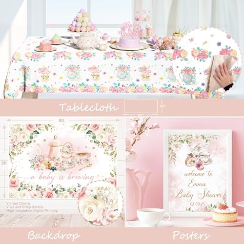 Hombae Tea Party Baby Shower Decorations, 139 PCs - A Baby Is Brewing Party Supplies with Teapot Backdrop, Pink Balloons Garland, Floral Garden Tablecloth, Cake Topper Mommy to Be Sash - Image 5