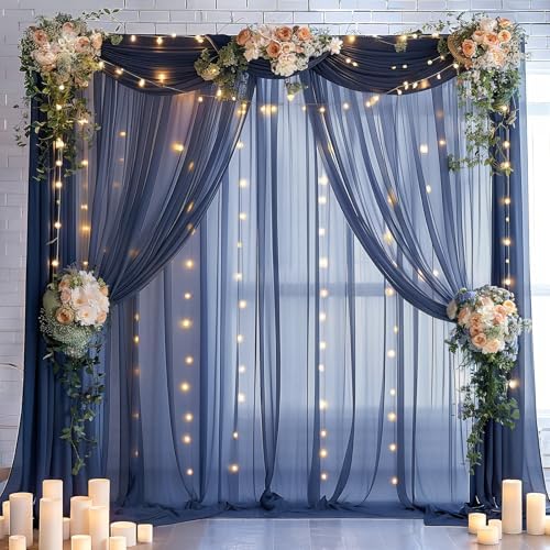 20×10ft Navy Blue Tulle Backdrop Curtain with Lights String for Parties, Sheer Photo Backdrop Curtains for Wedding Party Photography Background by WishCare