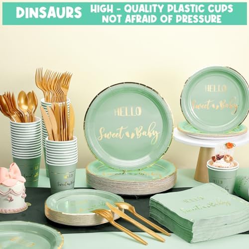 400 Pcs Baby Gender Reveal Plates and Cups and Napkins Sets with Forks Spoon Party Supplies Baby Shower Paper Tableware Gender Reveal Decorations Disposable Cutlery, Serves 50(Green,Hello Sweet) - Image 3