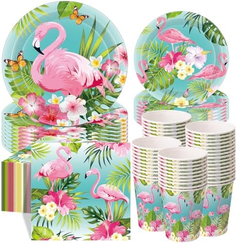 Pickmesh 250 Pcs Summer Flamingo Disposable Tableware Set Hawaiian Luau Party Supplies Tropical Paper Plates Napkins and Cups for Summer Beach Aloha Baby Shower Birthday Pool Party, Serve 50 Guest by Pickmesh