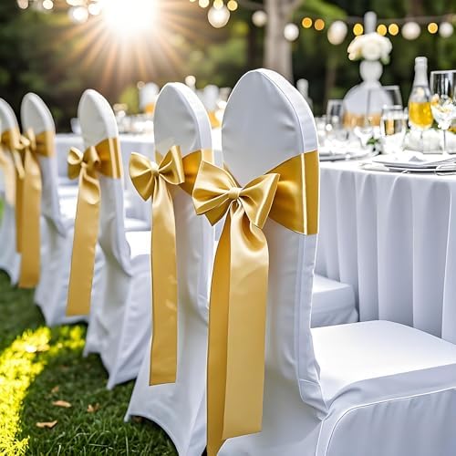 Gold Chair Sashes 50 Pack, Gold Sashes for Chairs Covers for Christmas Wedding Party Decor, Satin Chair Bows for Reception Ceremony Birthday Decoration - Image 3