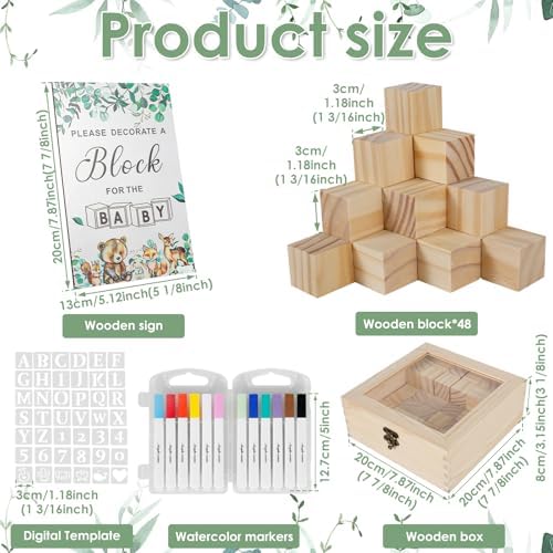 104Pcs Baby Shower Block Game Set, Funny Baby Shower Game Sign Kit with 12 Marker 48 Wood Cube 42 Stencils Wood Sign for Party - Image 2