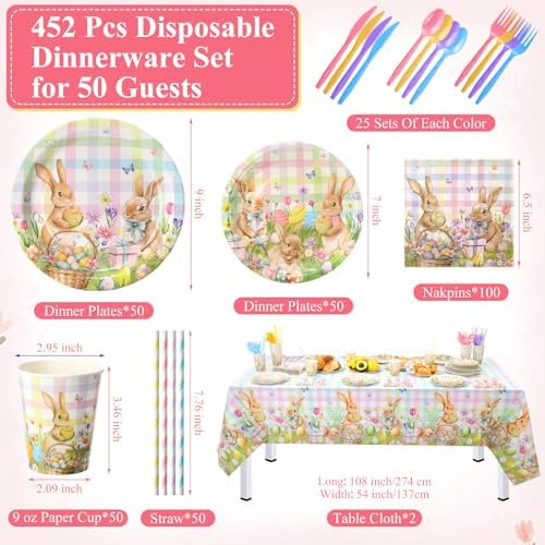 Ceenna 452 Pcs Easter Party Supplies for 50 Guest, Pastel Easter Bunny Paper Plates Napkins Cups Tablecloth Cutlery Straw Disposable Tableware for Rabbit Baby Shower Wedding Birthday Party Decoration - Image 3