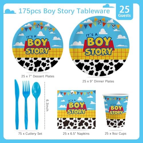 Cartoon Boy Story Baby Shower Decorations Plates 25 Guests,175 Pcs It's A Boy Story Baby Shower Cardstock Paper Plates Napkins Cups Cutlery Set Party Decorations (Pack of 3) - Image 4