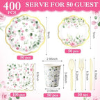 400 Pcs Sage Green Plate and Napkin Party Supplies, Pink, Grace - Image 3