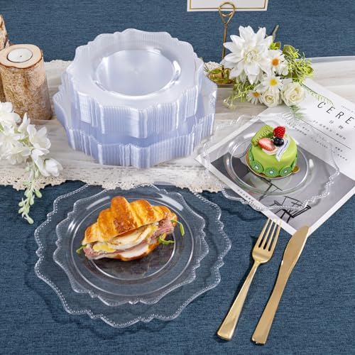 COLOSUS 60PCS Clear Plastic Plates, Fancy Beaded Plastic Plates for Wedding - Image 3