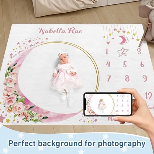 Custom Name Baby Milestone Blanket - Baby Milestone Monthly Blanket with Double Sided for Boy Girl Baby Photography Props - Pink Moon Print Gifts for Kids Infant (FixedSize) - Image 2