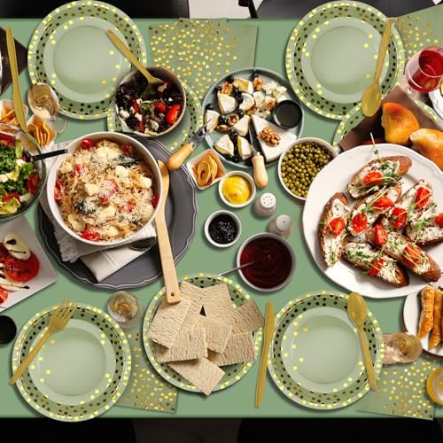 350pcs Sage Green Paper Plates and Napkins Set, Disposable Sage Green and Gold Polka Dot Party Plates Cups For Baby Shower Birthday Wedding Party Supplies and Decorations, Serve 50 - Image 6