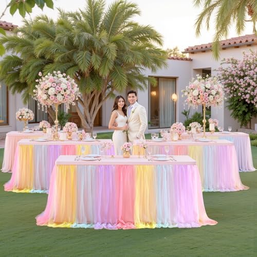 Pastel Rainbow Table Cloths for Parties Tulle Table Skirts Rectangle Tables 8ft Fitted Spandex Table Covers Stretch Elastic Banquet Wedding Baby Shower Birthday Party Table Cloths 8 Foot Rectangle - Image 7