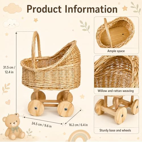 12.4 Inch Wicker Baby Carriage Handmade Wicker Stroller for Baby Shower Cute Woven Rattan Flower Basket with Handle for Floral Arrangement Photo Props Wedding Party Decor Centerpieces - Image 2