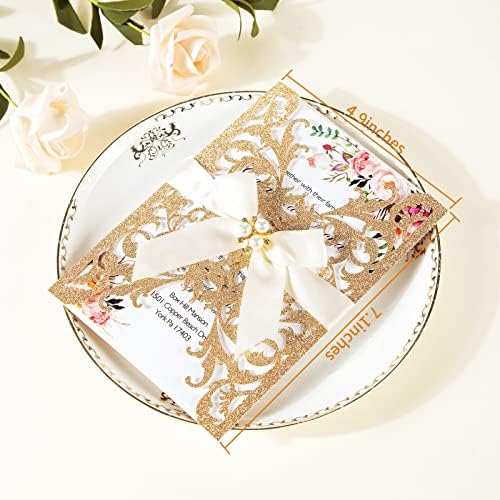25Pcs Wedding Invitations Glitter Laser Cut Wedding Invitations With Envelopes And Rsvp Cards Blank Inner Sheet Personalized Gold For Engagement Quinceanera Bridal Baby Shower Birthday Party - Image 2