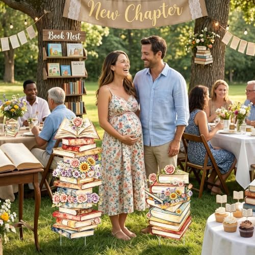 2Pcs Book Floral Cardboard Cutouts, A New Chapter Begins Baby Shower Birthday Party Decorations, Book Themed Photo Props Yard Signs with Stakes & Stands for Library Book Club Indoor Outdoor Use - Image 6