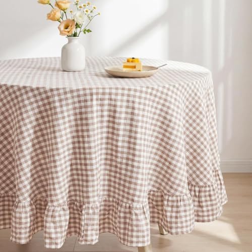 Eternal Beauty Gingham Ruffled Tablecloth Brown Taupe White 70 Round Fall - Image 4
