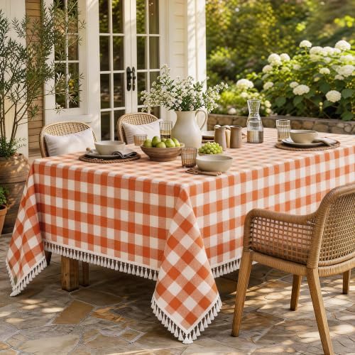 Orange Gingham Tablecloth Rectangle, Cotton Linen Checkered, 55x90 Inch - Image 6
