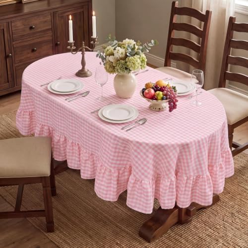Romanstile Gingham Ruffled Oval Tablecloth, 60 x 84 Inch, Pink - Image 3