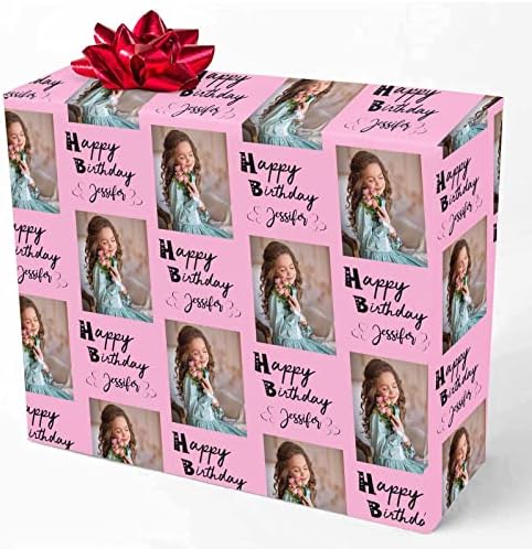 MyPupSocks Personalized Photo Wrapping Paper, Happy Birthday with Name Photo Pink Custom Gift Wrapping Paper with Picture for Teens Women Men Mom Dad Birthday Wedding Anniversary 58x23 3 Rolls by MyPupSocks