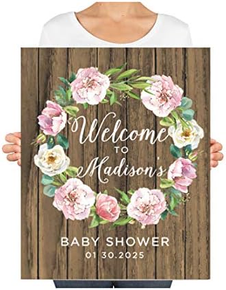 Andaz Press Custom Large Baby Shower Canvas Welcome Sign, 16 x 20 Inches, Rustic Wood Pastel Peonies Wreath, Guestbook Alternative, Personalized Sign Our Canvas, For Fall, Rustic, Boho, Baby Shower - Image 3