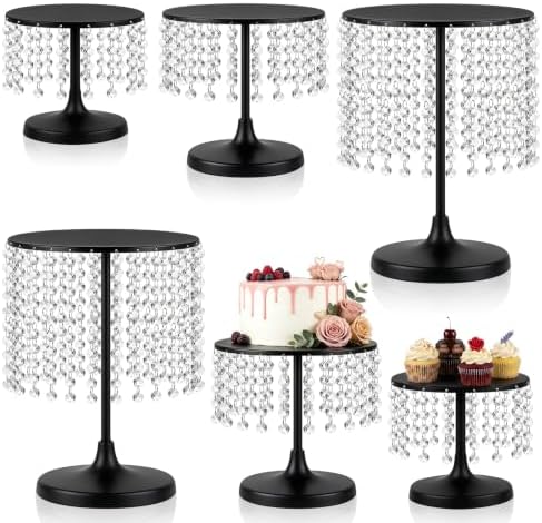 Metal Cake Stand Set with Crystal Pendants - Elegant Dessert Table Display for Weddings, Birthday Parties, Baby Showers, Events - Sturdy Crystal Bling Cupcake Stands for Pastries, Sweets, Decorations (Black, Set of 6) by kehail