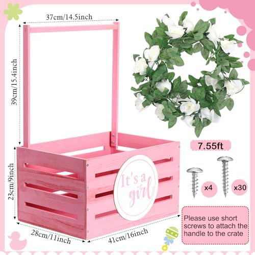 Barydat Wooden Baby Shower Basket Gender Reveal Crate Closet, Pink, Girl - Image 2