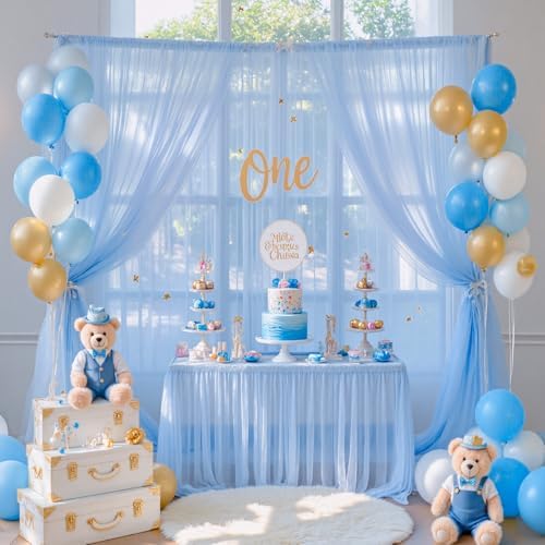 20ft x 12ft Baby Blue Tulle Backdrop Curtain for Baby Shower Party Sheer Fabric Backdrop Curtains for Boy Birthday Gender Reveal Back Drop Wedding Photo Backdrop Drapes Background 4 Panels 5ft x 12ft by Suppromo