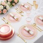 WELLIFE 350Pcs Clear-Pink Plastic Dinnerware- Pink and Gold Plastic Dinnerware include 50 Dinner Plates, 50 Dessert Plates, 150 Gold Silverware, 50 Cups and 50 Napkins Perfect for Parties - Image 3