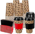 Whaline 50Pcs 16Oz Cheetah Print Leopard Party Disposable Coffee Cups with Lids and Sleeves Jungle Safari Leopard Paper Drinking Cup for Birthday Baby Shower Party Supplies by Whaline