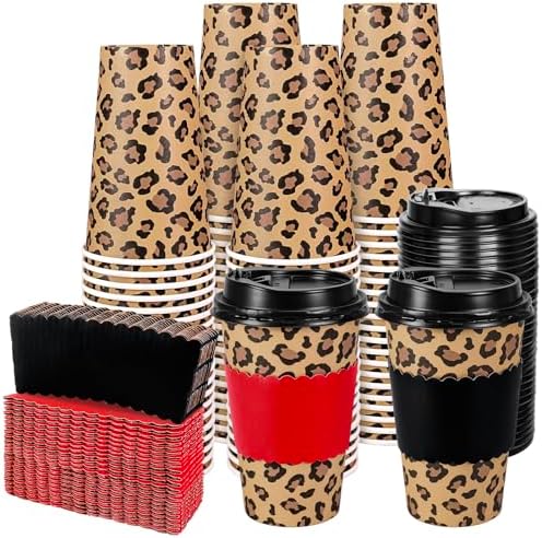 Whaline 50Pcs 16Oz Cheetah Print Leopard Party Disposable Coffee Cups with Lids and Sleeves Jungle Safari Leopard Paper Drinking Cup for Birthday Baby Shower Party Supplies by Whaline