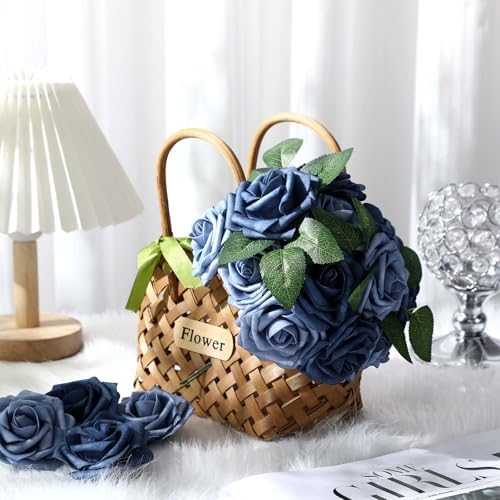 100 Pcs Artificial Rose Flowers, Dusty Blue Shades - Image 5