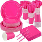 Kochorie 350 Pieces Hot Pink Dinnerware Set, 7 & 9 inch Dessert Paper Plates Cups Napkins Plastic Cutlery Disposable Party Supplies for Birthday Baby Shower Wedding, Serve 50 Guests by Kochorie