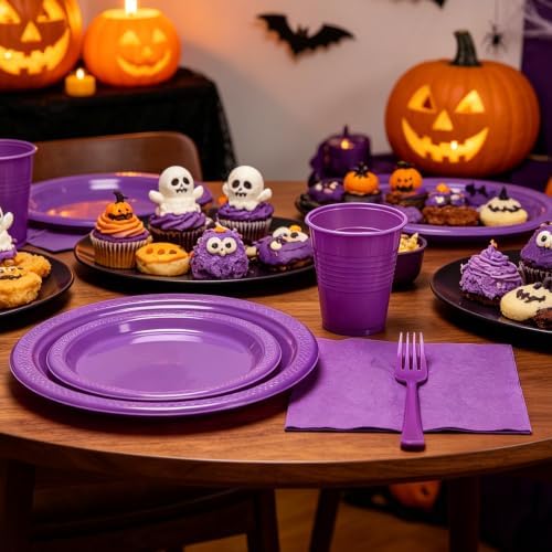 250Pcs Purple Plastic Party Plates and Napkins Set for Birthday, Halloween - Image 3