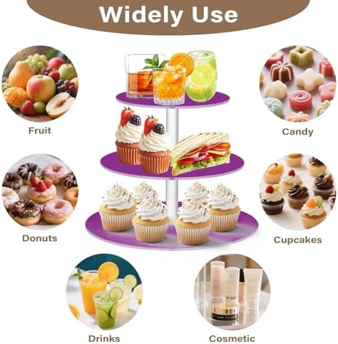 J JOYSAY Purple Pattern Acrylic Cupcake Stand 3 Tier Dessert Table Display Set Clear Cake Stands for Wedding Party Baby Shower Decorations Easy Assembly Pastry Tower - Image 5