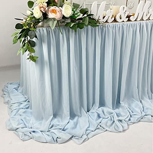 Pooling and Floating Chiffon Table Skirt with extra length, 6FT 9FT 14FT Sheer Tablecloth, Baby Shower, Birthdays Party, Main Cake Table Decoration, Wdding Table Skirt (Blue, 14FT) - Image 2