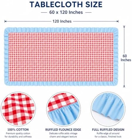 JarThenaAMCS Red Plaid Gingham Blue Ruffled Tablecloth 60 x 120 Inch Rectangular Cotton Farmhouse Table Cover for Birthday Baby Shower Independence Day Party Kitchen Outdoor Picnic - Image 2