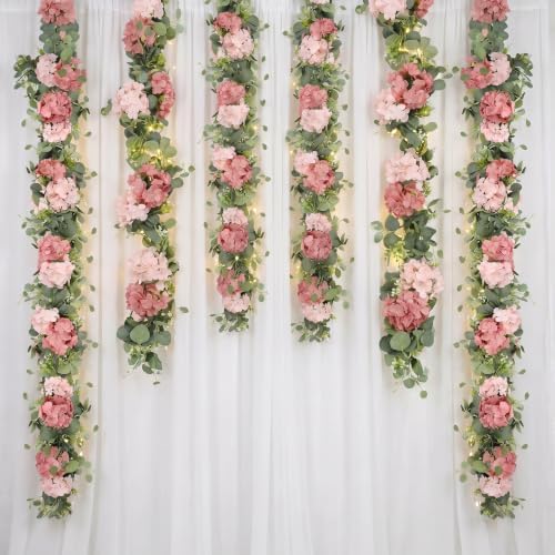 Artificial Hydrangea Flower Garland with Eucalyptus & Baby’s Breath 2PCS 6FT Floral Vines Greenery Garland for Mantel Wedding Arch Table Centerpiece Coastal Home Outdoor Decor (2, Dusty Rose&Pink) - Image 6