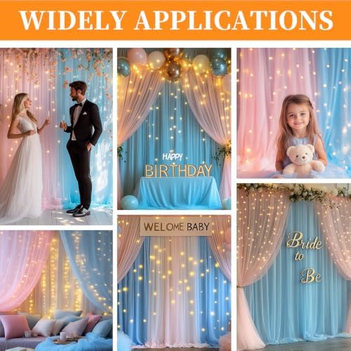 10x10ft Pink Blue Tulle Backdrop Curtain with String Lights, Wrinkle-Free Sheer Wedding Backdrop for Birthday Parties, Baby Showers, Bridal Showers, Photo Shoots and Home Decor, Pink Blue - Image 2