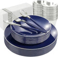 KIRE 175Pcs Blue Plastic Plates with Silver Rim & Disposable Silverware with Blue Handle & Silver-rim Cups & Hand Napkin & Plastic Dinnerware for Parties/Wedding by KIRE