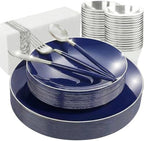 KIRE 175Pcs Blue Plastic Plates with Silver Rim & Disposable Silverware with Blue Handle & Silver-rim Cups & Hand Napkin & Plastic Dinnerware for Parties/Wedding by KIRE